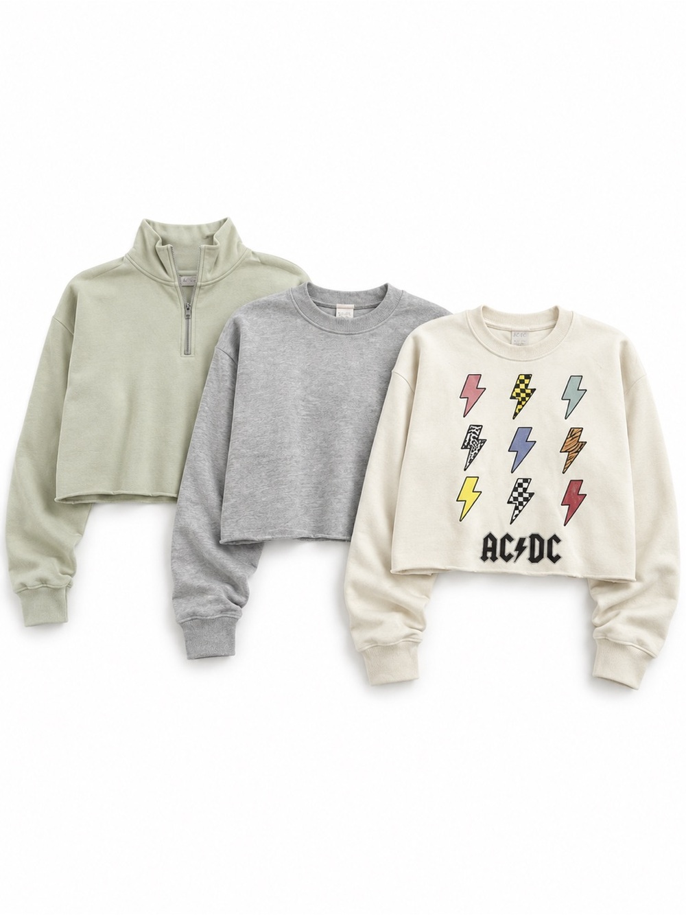 Women’s L Cropped Sweatshirt Bundle | AC/DC Graphic + Quarter Zip + Basic Crew